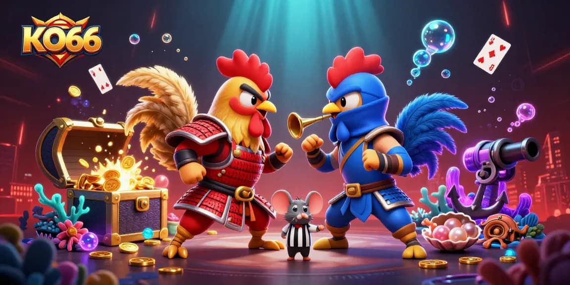 Engage in thrilling KO66 cockfighting action with vibrant characters in an electrifying battle.