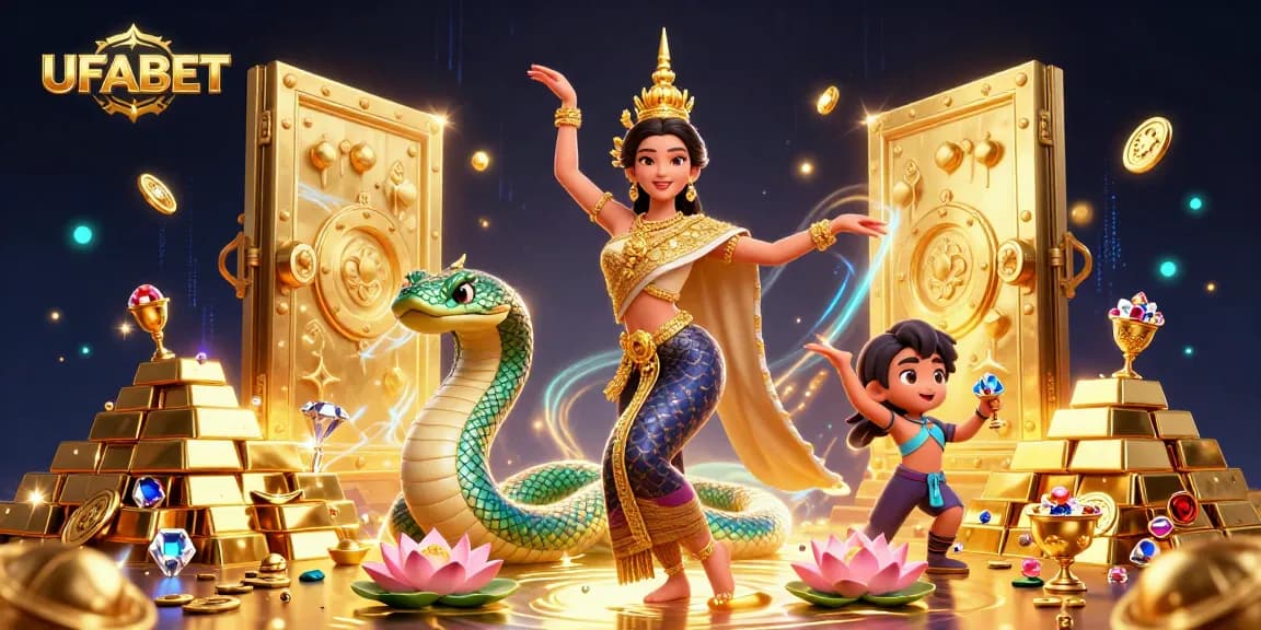 Experience UFABET's vibrant gambling scene with a Thai dancer and Naga serpent amidst riches.