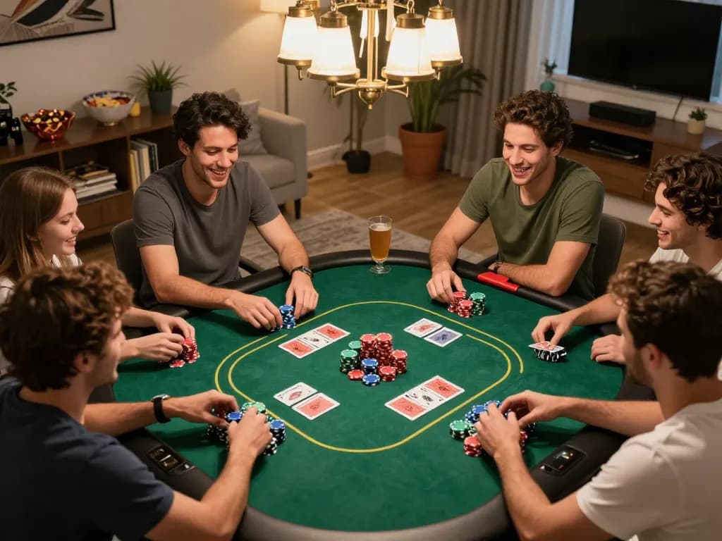 Iwinclub players engaged in a vibrant home poker game, showcasing strategy with chips and cards.