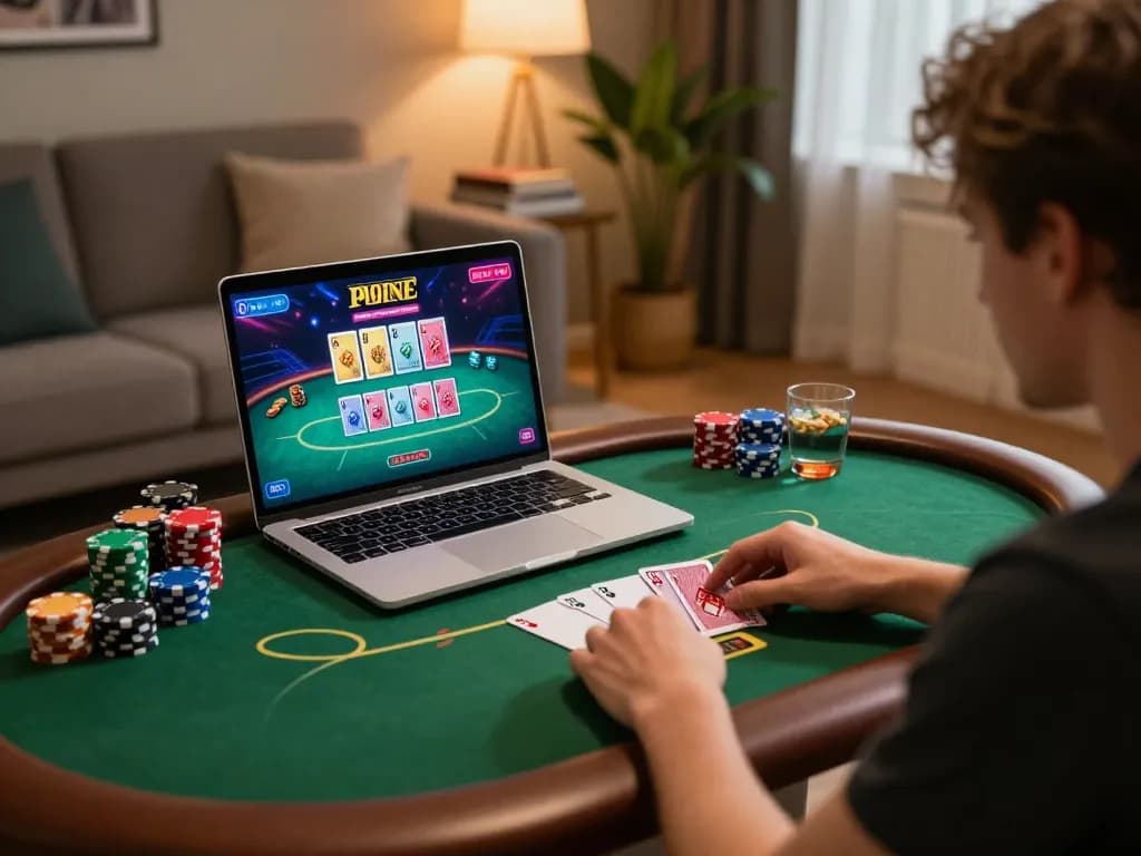 Person enjoying online poker with MM88 platform in a cozy setting, highlighting strategic gameplay.