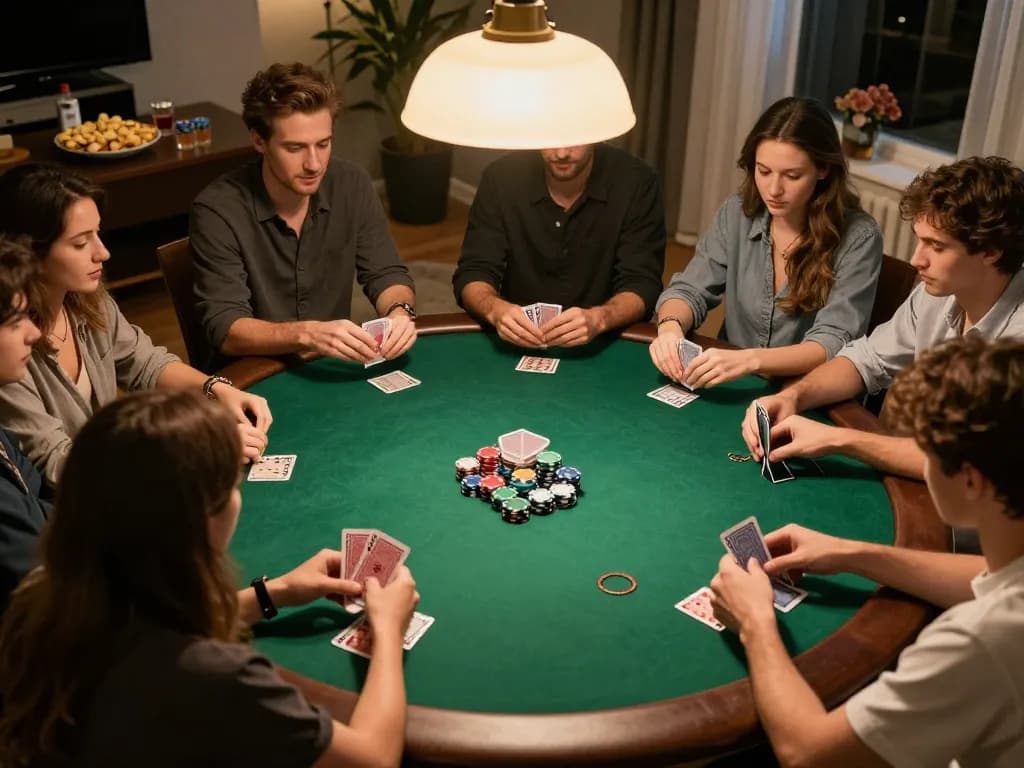Engaged friends play poker during cozy home game night at Trang chủ LUCKYWIN, enhancing social entertainment.