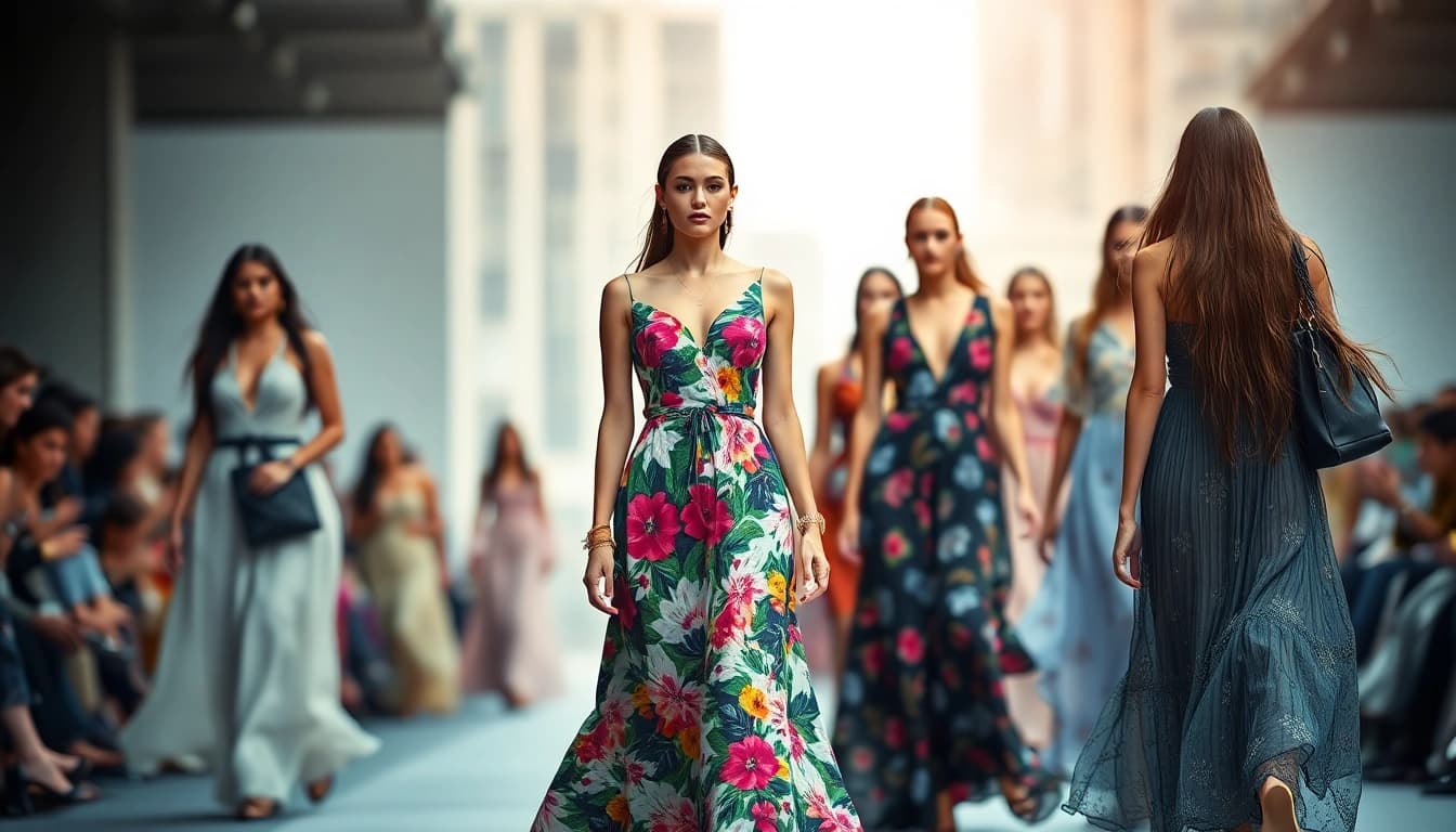 Elegant models on a runway display vibrant women fashion trends.