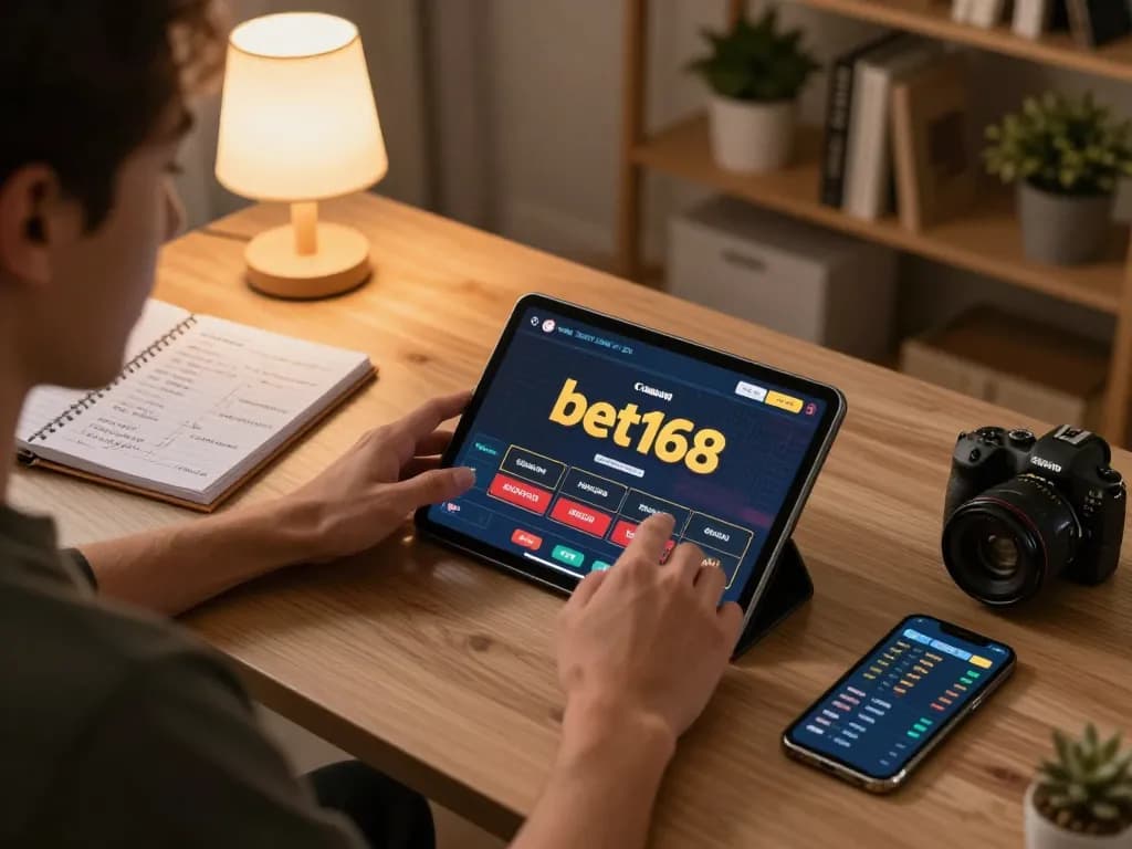Engaging in online betting with bet168 on a tablet in a stylish home office setup.