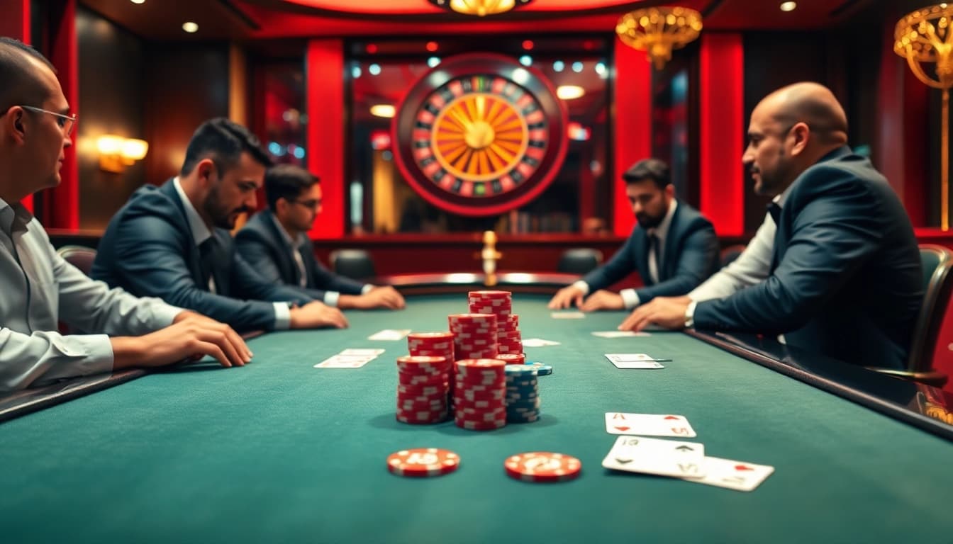 KJC poker players engaging in a high-stakes game with vibrant chips and cards.