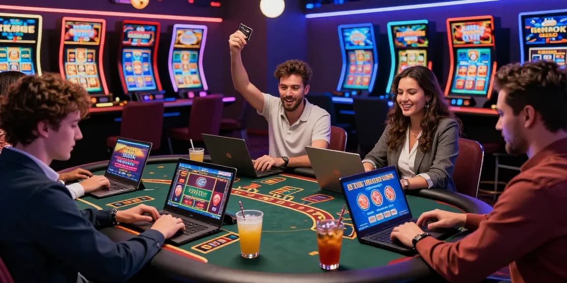 Engaging gameplay scene at casinos that accept credit cards with diverse players celebrating wins and using tech devices.