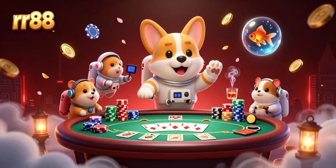 rr88 showcases a dynamic casino scene with astronauts and poker elements floating in zero gravity, delivering high-stakes excitement.