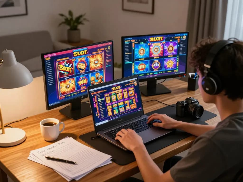 Engaging in Slot Malaysia games on a laptop, showcasing vibrant online gaming experience.