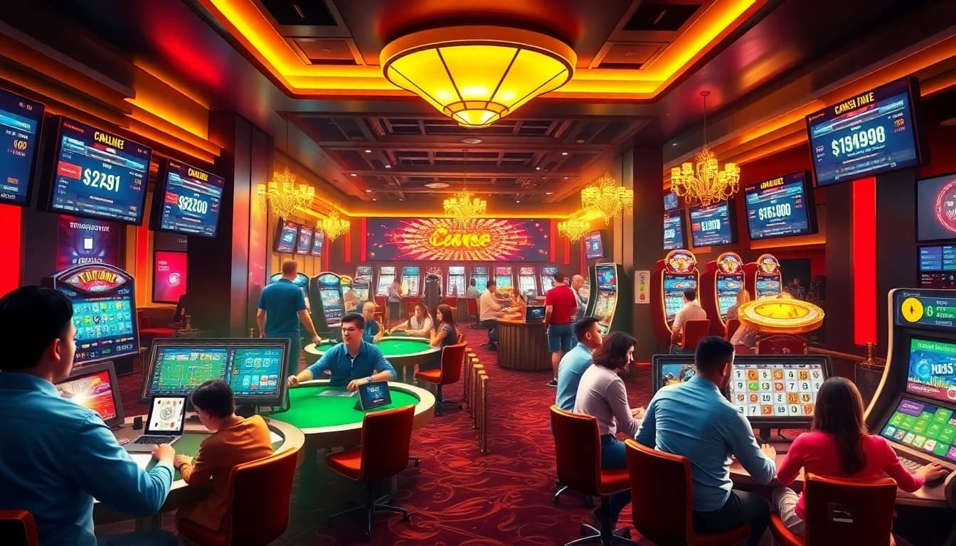 Hello88win.live showcases a vibrant online gambling atmosphere with players enjoying poker, slots, and sports betting in a sleek casino.