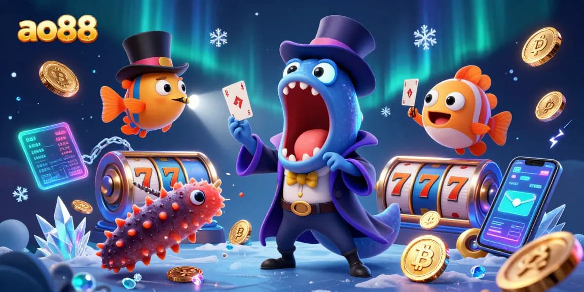 ao88 showcases a magical underwater casino scene with vibrant characters and crypto elements.
