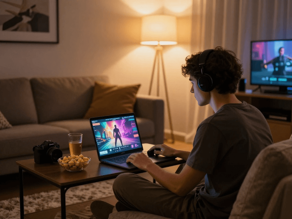Engaging living room scene with a laptop showcasing a real porn game.