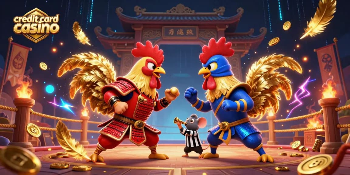 Engage with thrilling action at a credit card casino featuring battle-ready roosters and vibrant gold coins.