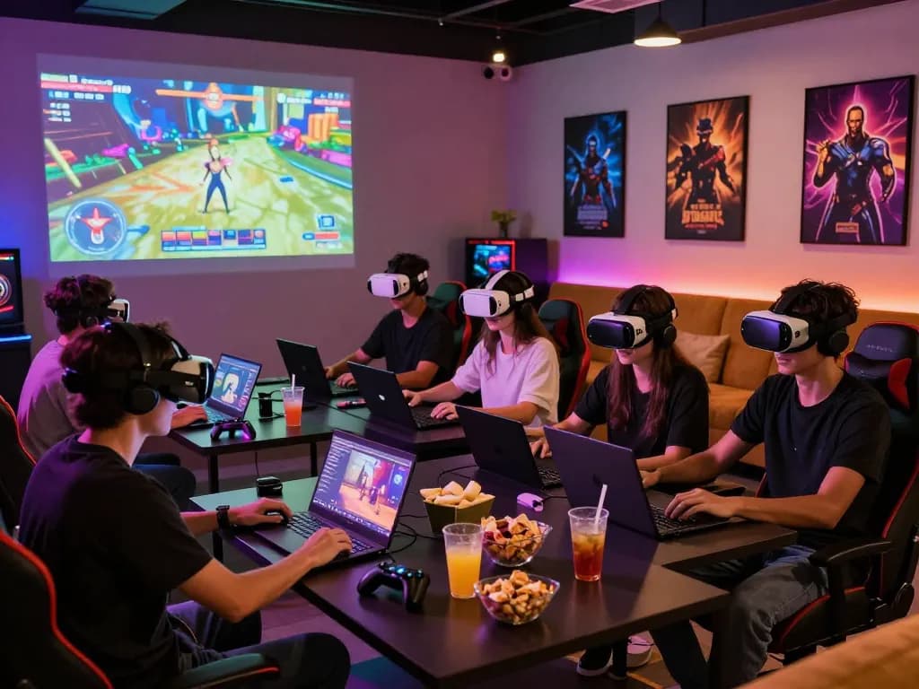 Friends enjoying real porn games in a lively gaming lounge.