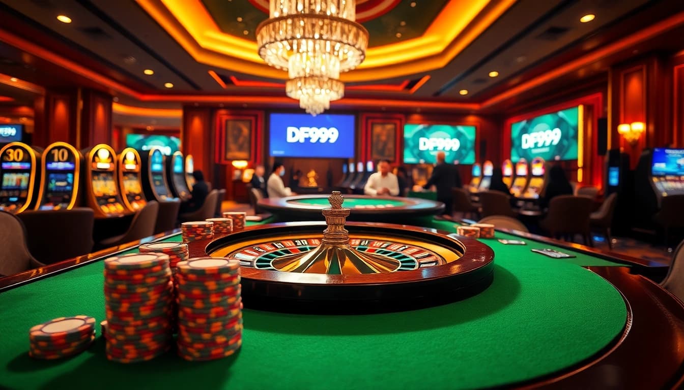 Experience the thrill of DF999 nhà cái with a luxurious casino setting featuring poker chips and a roulette table.