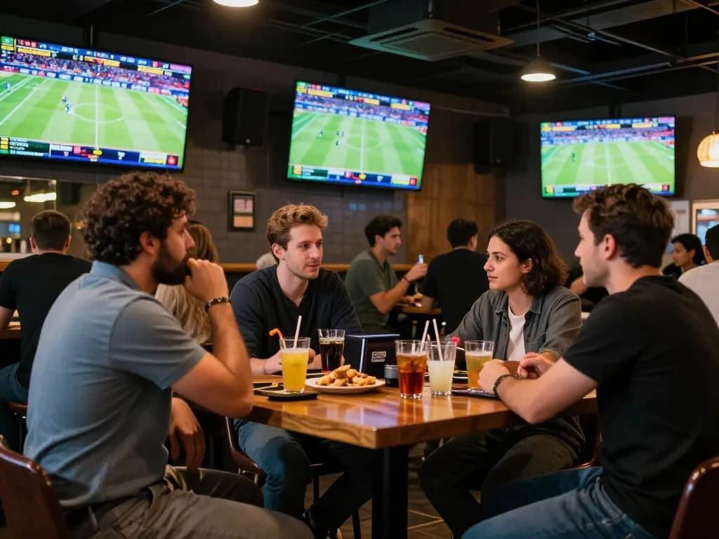 88FC patrons engaging in exciting sports betting at a vibrant bar, screens showcasing live events.