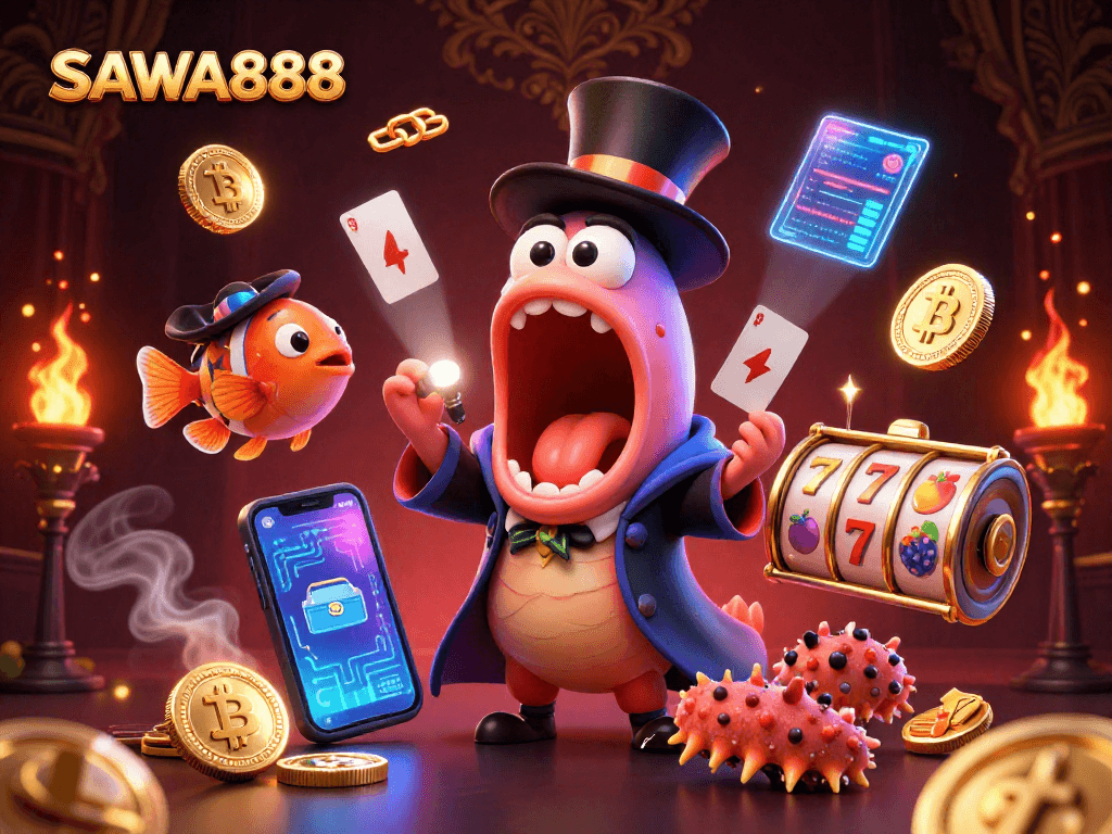 Engage in thrilling gameplay with SAWA888 as deep-sea creatures perform magical card tricks amidst vibrant slot elements.