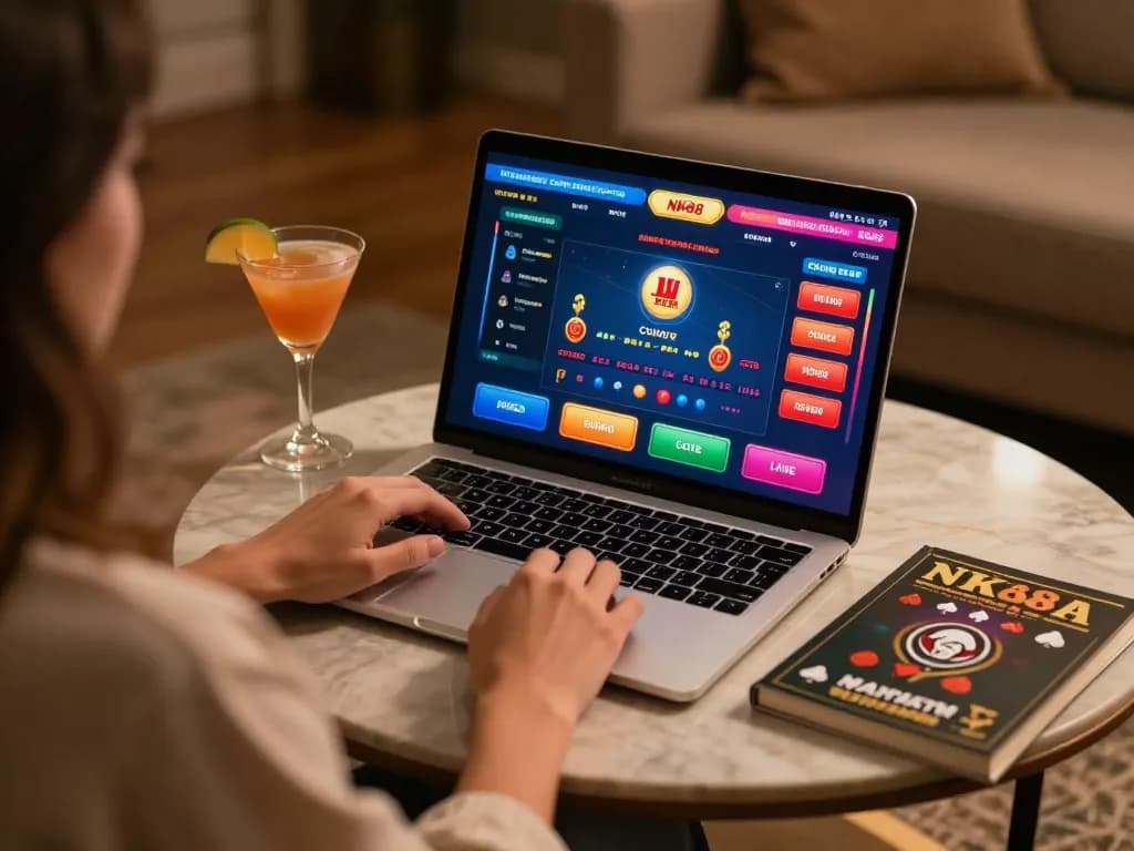 Playing NK88 casino games on a laptop in a cozy setting, featuring vibrant interactive displays.