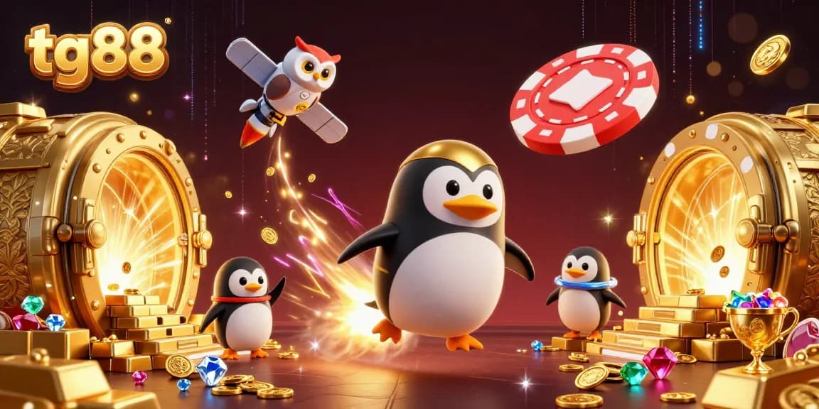 Experience tg88's thrilling casino adventure with a golden penguin and poker elements.