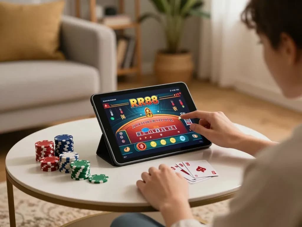 Engaged user playing RR88 casino games on tablet at home, showcasing a cozy gaming atmosphere