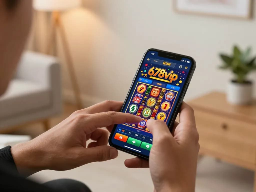 Gamer enjoys the interactive 678vip online casino app on smartphone, showcasing vibrant slot game interface.