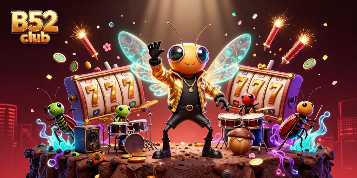 B52 club features an energetic scene with a rock star cicada and vibrant slot elements, showcasing exciting casino action.