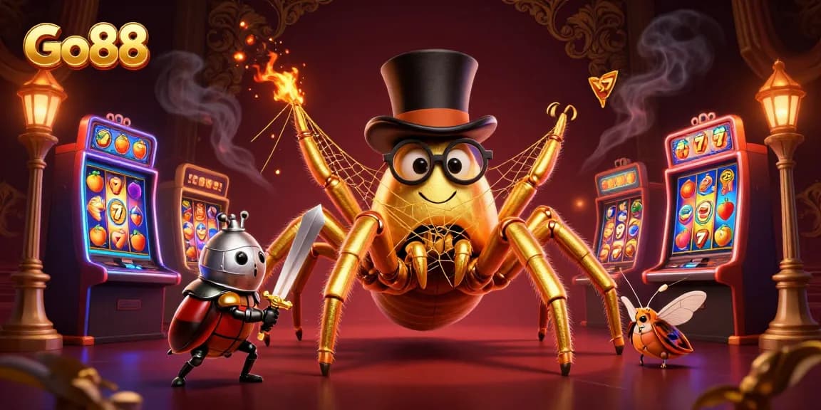 Spin the reels at Go88 with a golden tarantula and brave knight in a vibrant casino scene.
