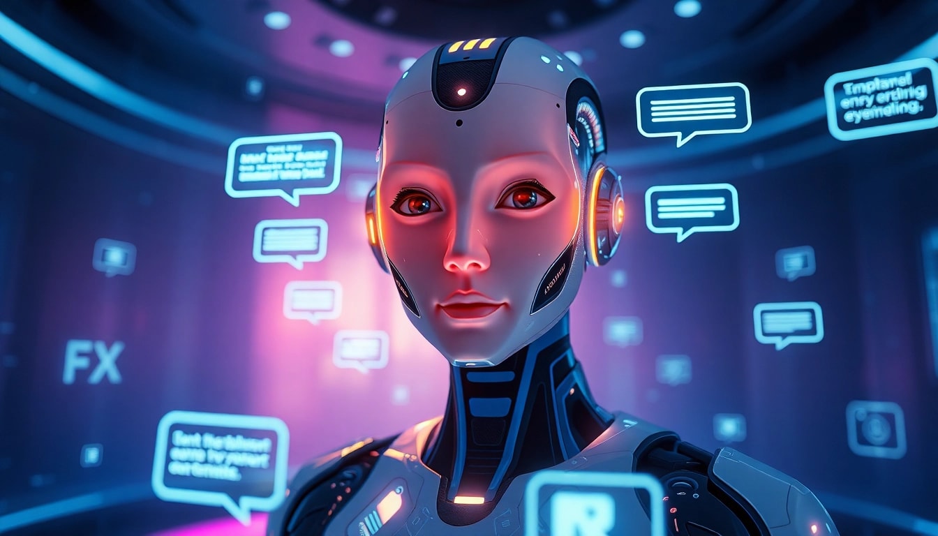 Engaging ai sex chat scene with a futuristic AI chatbot interacting warmly with users.