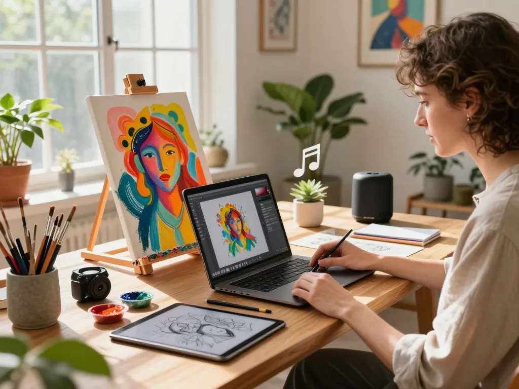 Artist using the image to prompt tool to generate creative art inspirations in a vibrant studio.