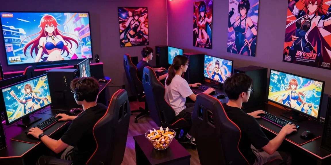 Gamers enjoying a hentai game in a vibrant lounge with neon lighting.