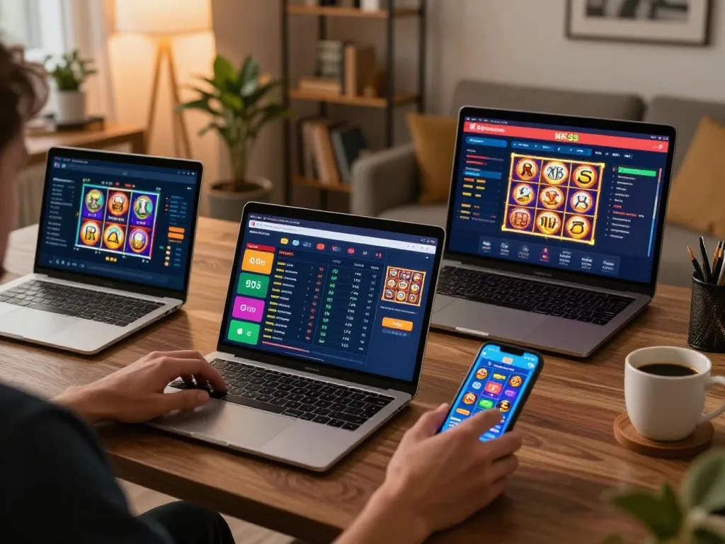 Engaging in online gambling at KK55 with laptop and smartphone gaming interfaces visible
