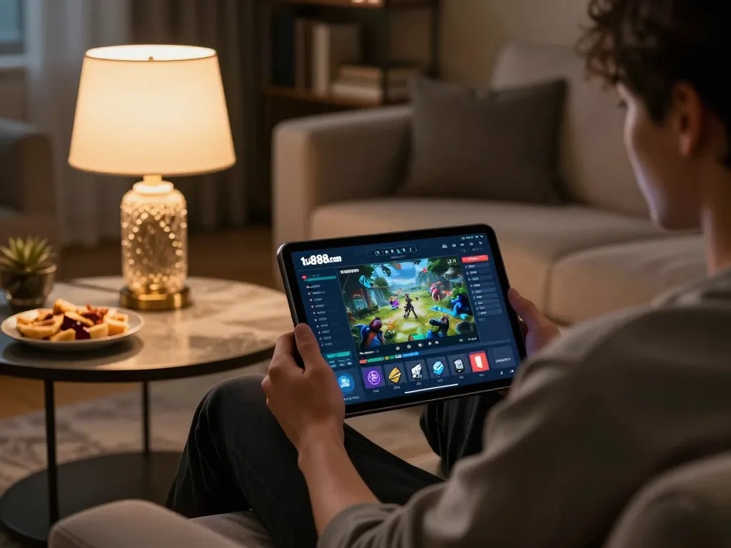 Engaging in strategic online gaming on 1u888com from a comfortable home setting.