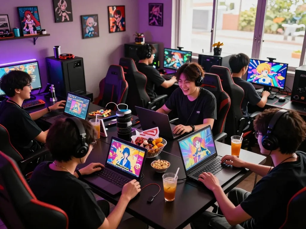 Group of gamers enjoying porngame experiences on devices in a vibrant lounge.