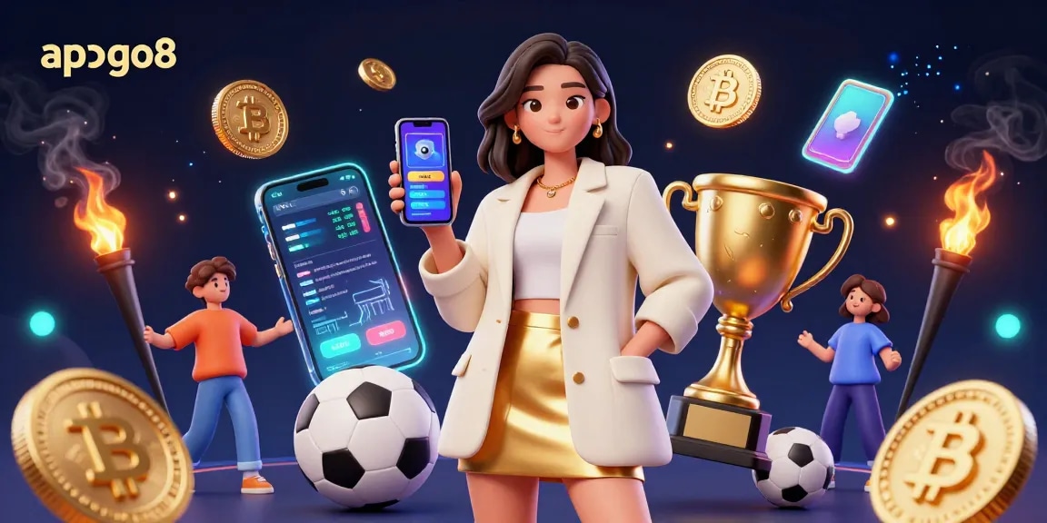 Experience the app go8 with a vibrant 3D illustration showcasing online sports betting and crypto elements.