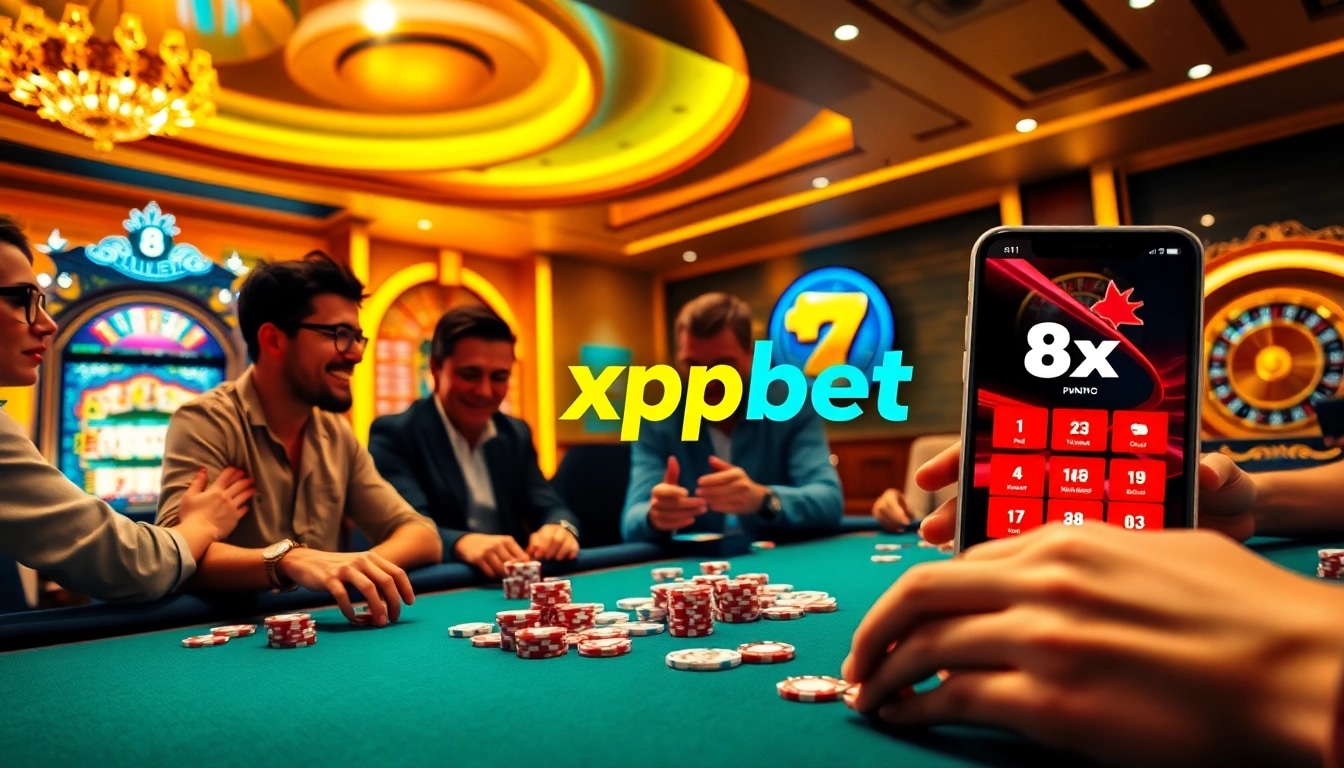 Engaged gamblers playing poker while exploring tải app 8xbet on a smartphone, showcasing a lively casino atmosphere.