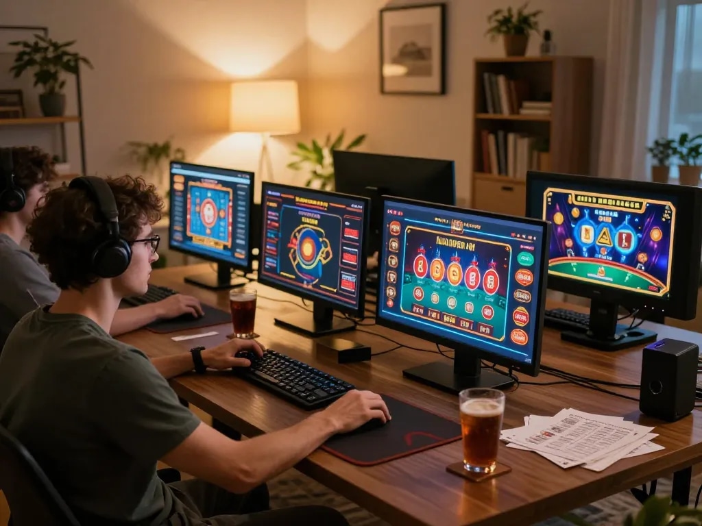 Person enjoying online casino gaming at home, using link mb66 for poker and slot games.