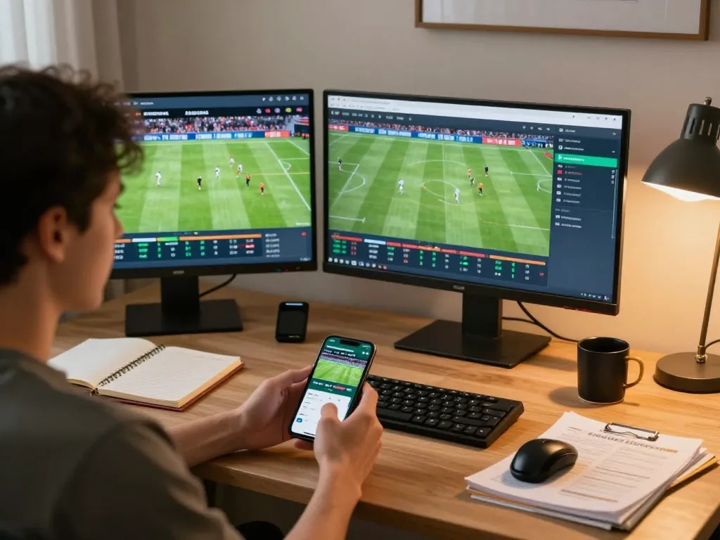 Engaged player utilizing trang cá cược bóng đá strategy on smartphone while analyzing betting odds on multiple screens at home