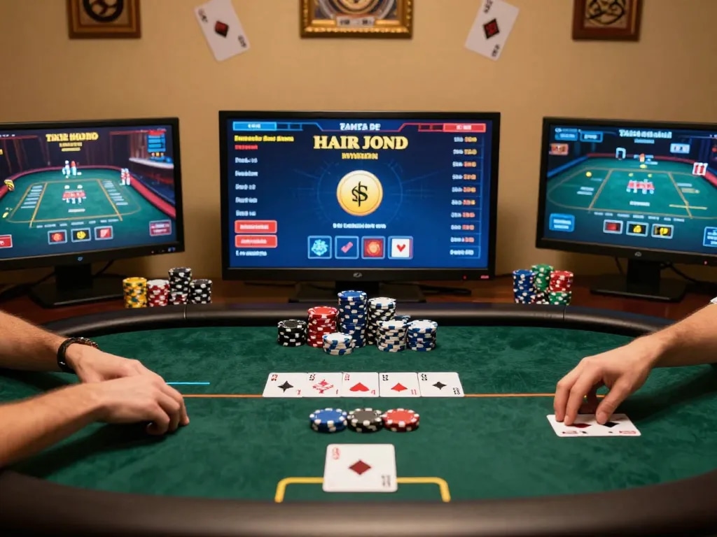 Engaged player strategizing bets on uu88's online poker interface with colorful chips.