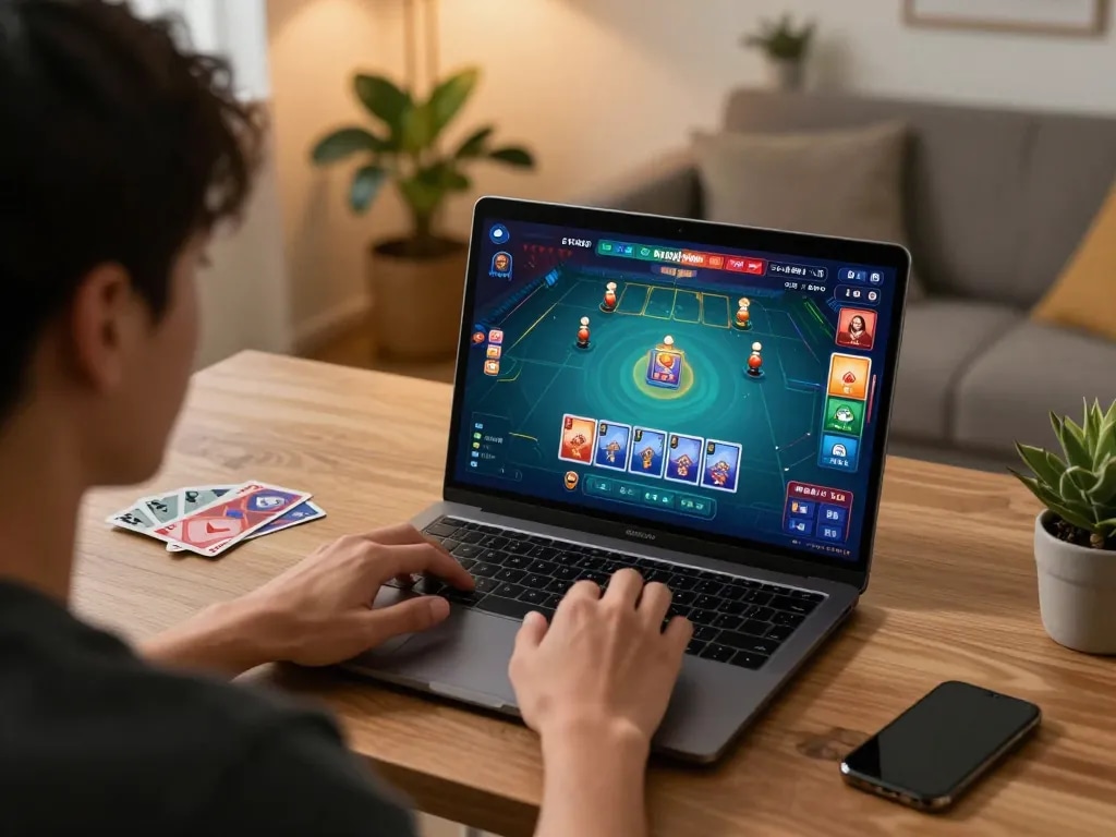 Engaging in game bai doi thuong on a sleek laptop at home, showcasing an immersive online gambling experience