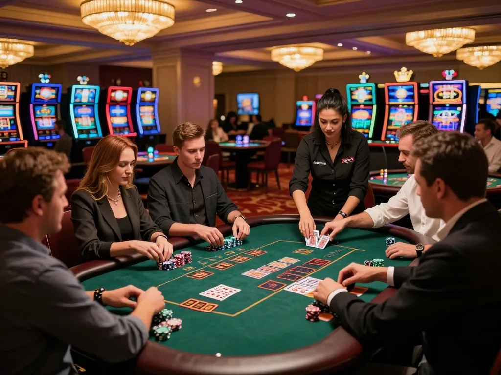 VT88 players enjoying a strategic blackjack game in a luxurious casino atmosphere.
