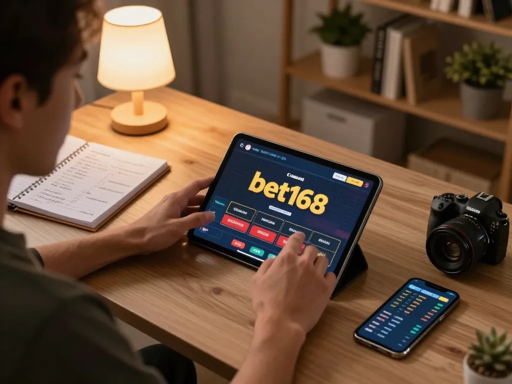 Engaging in online betting with bet168 on a tablet in a stylish home office setup.