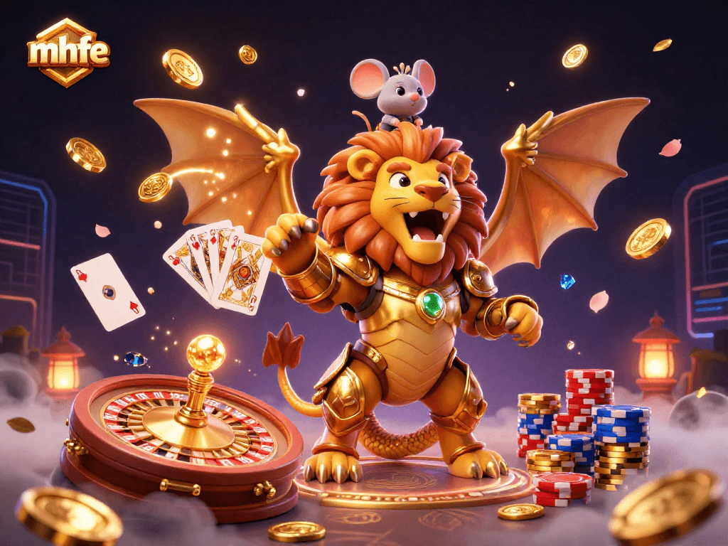 mhfe offers a vibrant 3D casino illustration showing a chimera creature amidst golden coins and a roulette wheel.