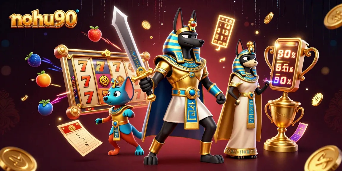 NohU90 players enjoy thrilling jackpot wins through vibrant slot games amid Anubis and Bastet.