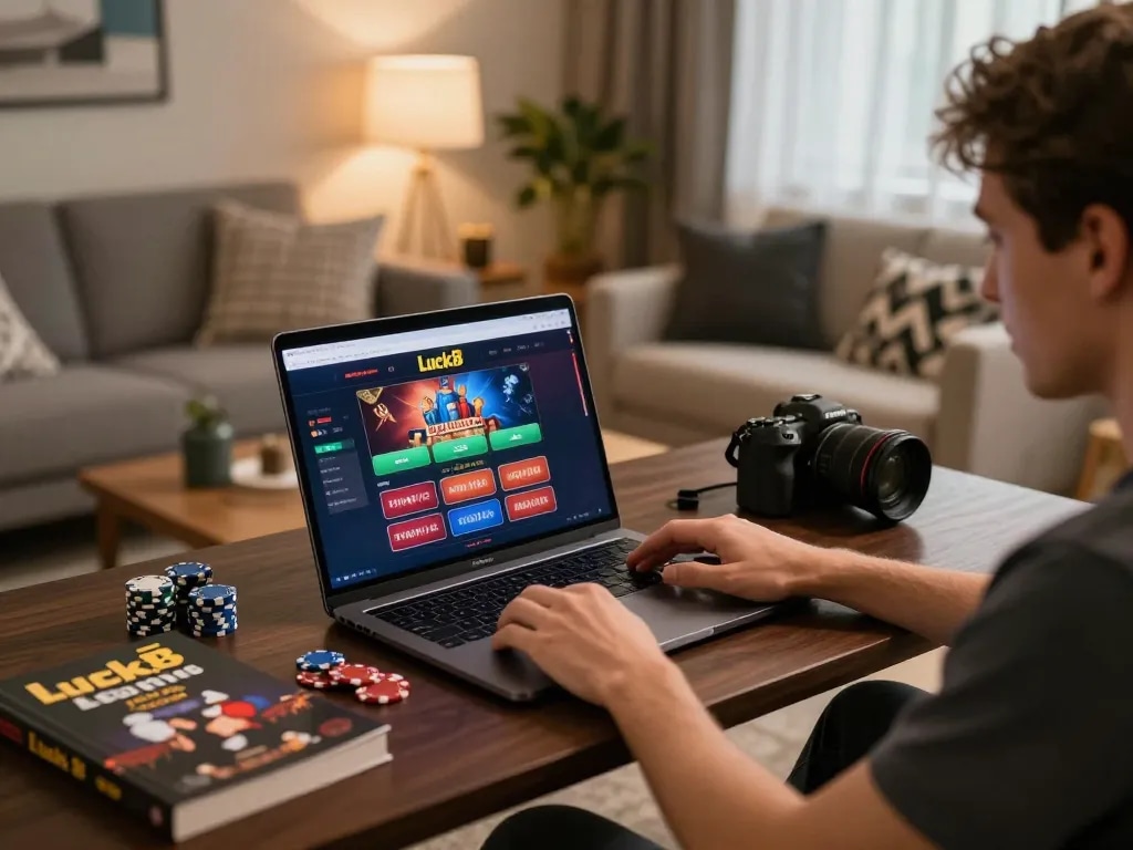 Engaging in luck8 casino gameplay on a laptop during a cozy evening at home.