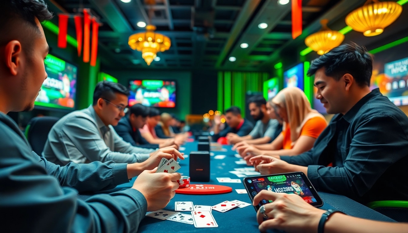 Dynamic online gaming scene showcasing players engaged with topgamebaidoithuong.mx for cash rewards.