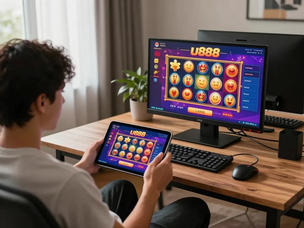 Gamer exploring u888 online casino interface on tablet in a modern home setting, showcasing vibrant slot graphics.