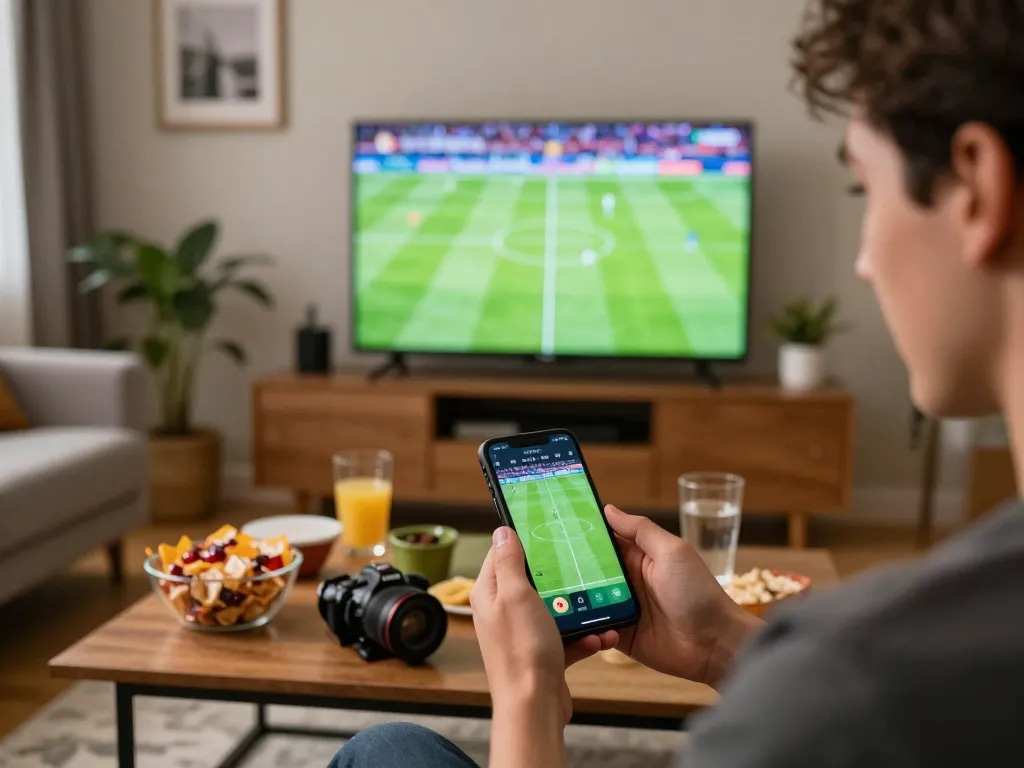 Person engaged in sports betting on Net88 app during live game, cozy home atmosphere