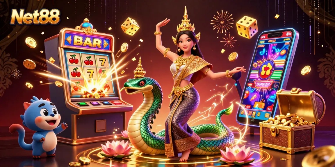 Experience thrilling jackpot wins at Net88 with vibrant casino elements and dynamic characters.
