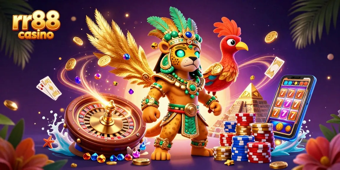 Experience the excitement of rr88 casino with a dynamic 3D illustration showcasing rich gaming elements.
