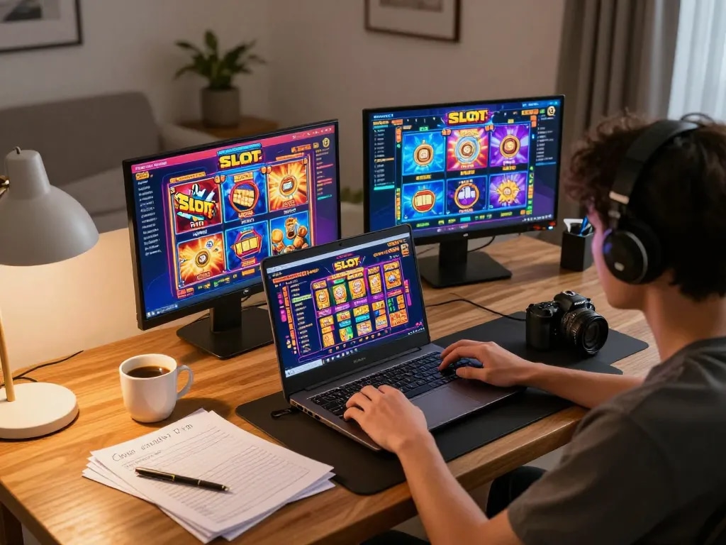 Engaging in Slot Malaysia games on a laptop, showcasing vibrant online gaming experience.