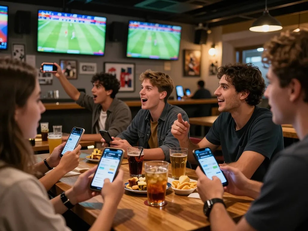 Socolive sports betting excitement with patrons engaging in live betting during a soccer match.