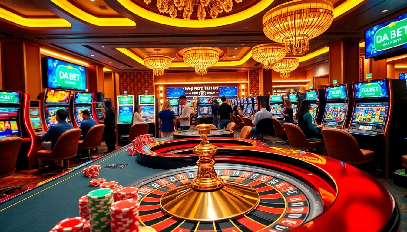Experience the excitement of DA BET at a luxurious casino with vibrant game tables and eager players.